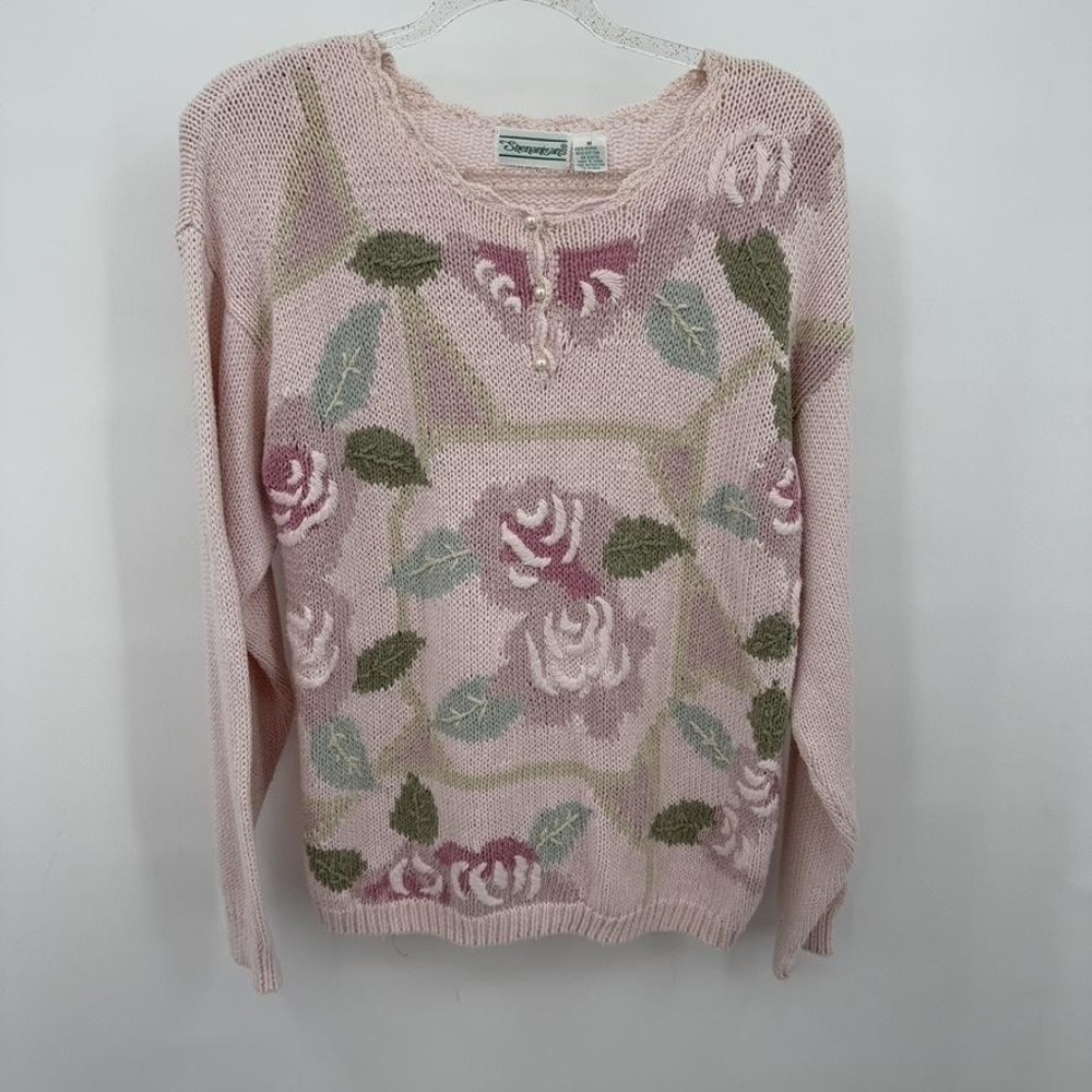 Vintage Shenanigans Sweater Womens Sz M Pink Floral Rose Knit Cottage